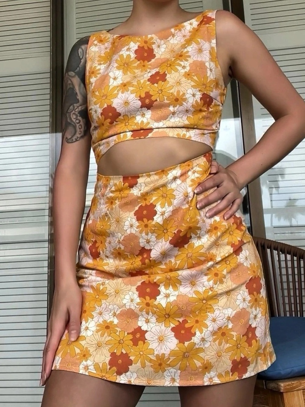Charlie Holiday Floral Cutout Mini Dress in Orange & yellow Like New